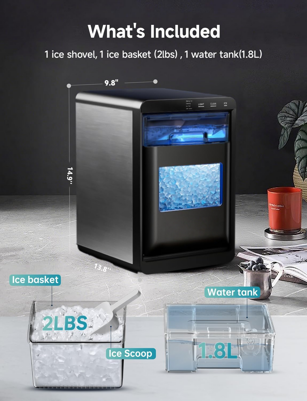 Limited Time 50% Discount | 40Lbs/24H Countertop Nugget Ice Maker, Self‑Cleaning Portable Ice Machine for Home Kitchen Office