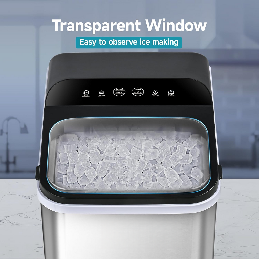 Countertop Nugget Ice Maker, Ready in 8 Mins, 35lbs/24H, Self‑Cleaning Portable Sonic Ice Machine with Ice Scoop & Basket, Chewable Pellet Ice for Home Party RV Camping