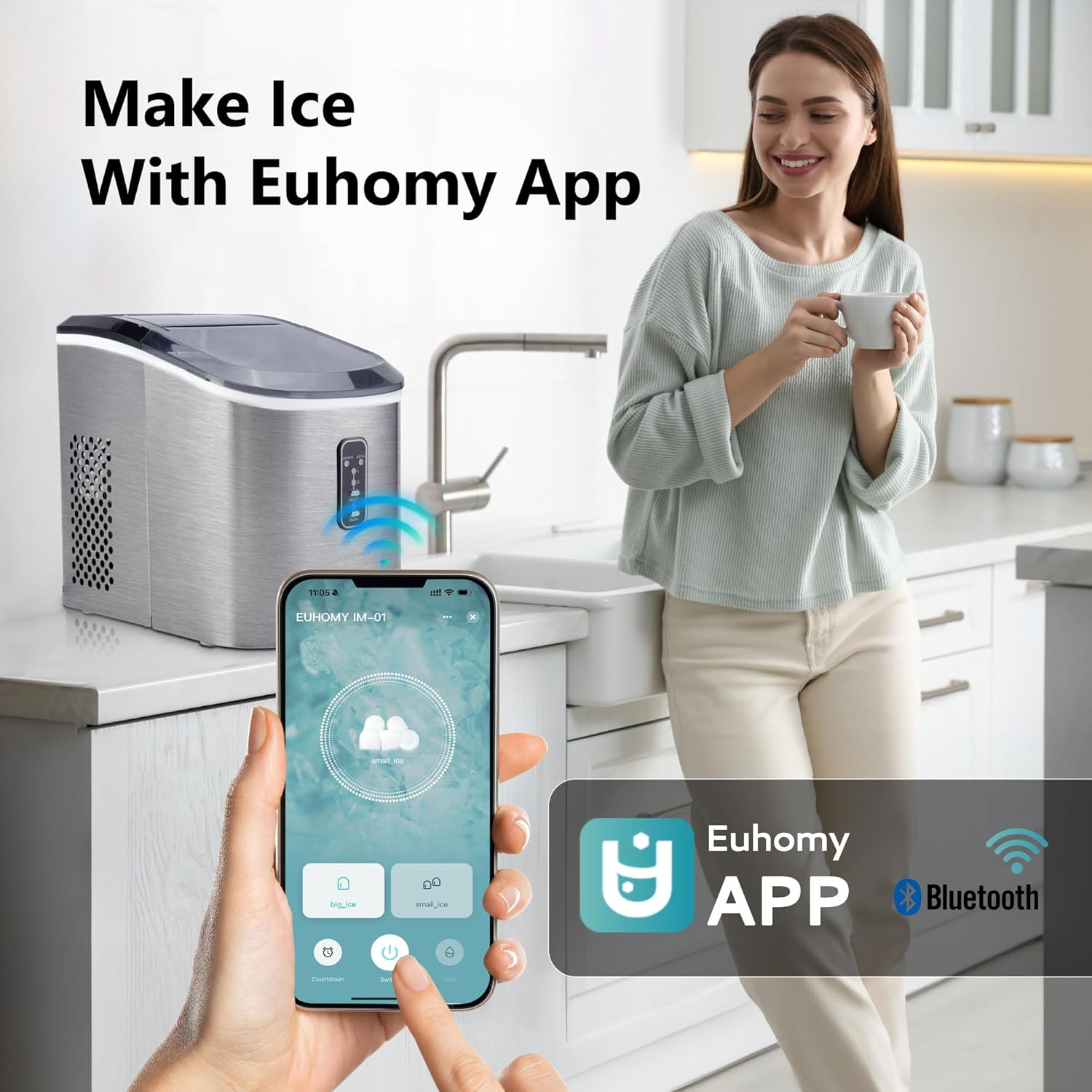 Silver Smart Countertop Ice Maker, 26lbs/24H Ice Production, 9 Cubes Ready in 8 Mins, Self‑Cleaning Portable Ice Machine with Ice Scoop and Basket for Home Kitchen Office