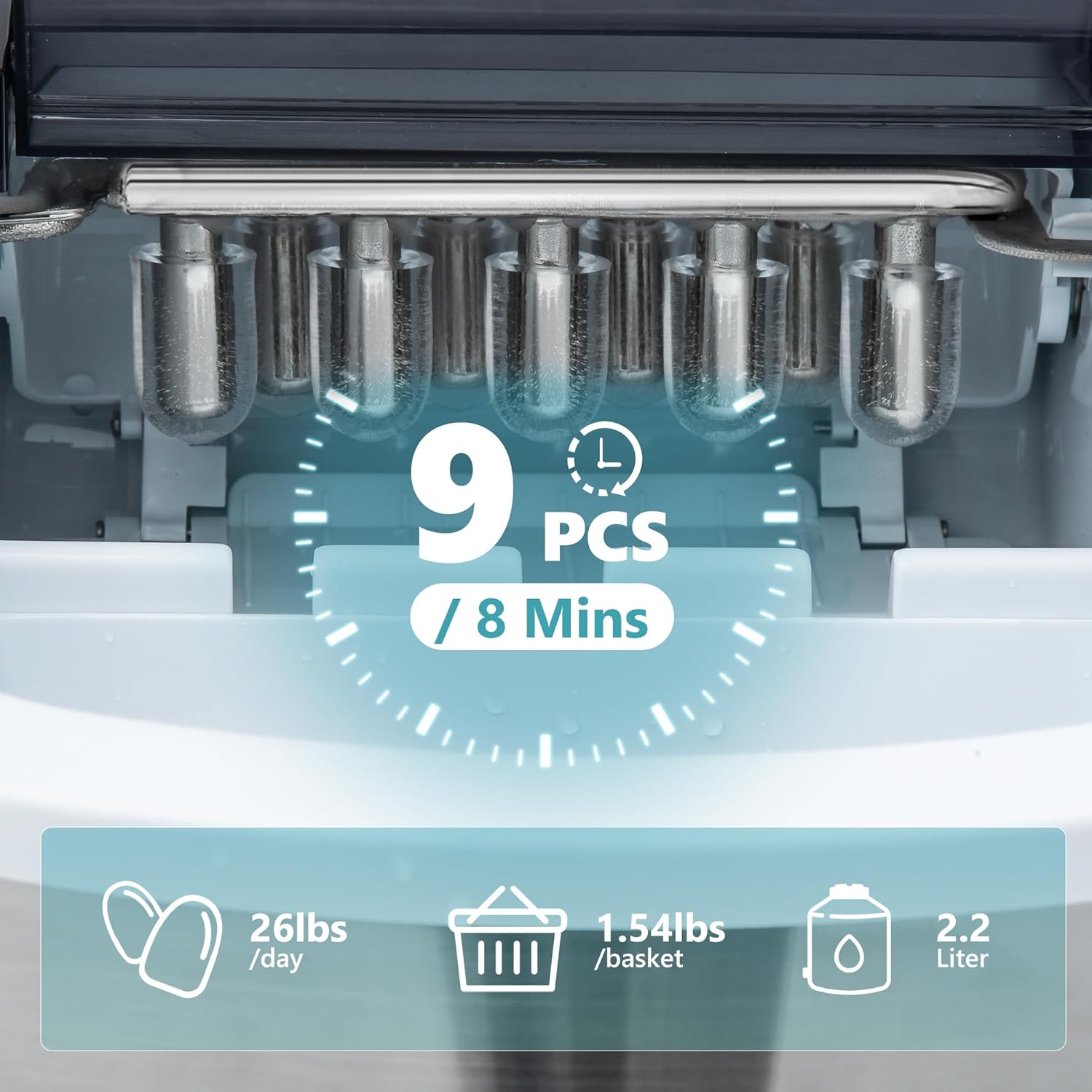 Silver Smart Countertop Ice Maker, 26lbs/24H Ice Production, 9 Cubes Ready in 8 Mins, Self‑Cleaning Portable Ice Machine with Ice Scoop and Basket for Home Kitchen Office
