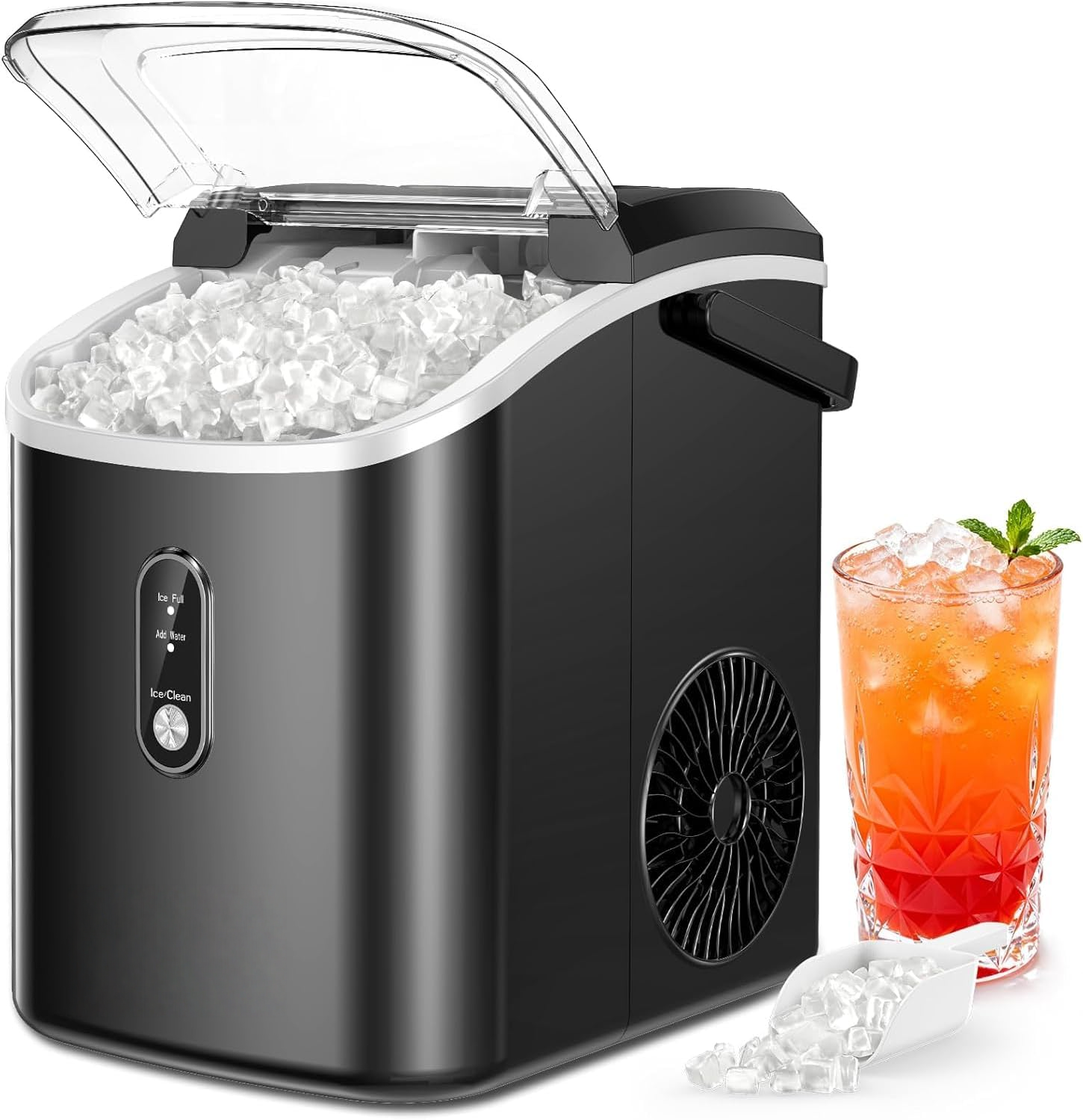 Black Countertop Nugget Ice Maker with Carry Handle, Ready in 6 Mins, 34lbs Per Day, Removable Top Cover & Self‑Cleaning, Portable Sonic Ice Maker with Basket and Scoop for Home Party RV Camping