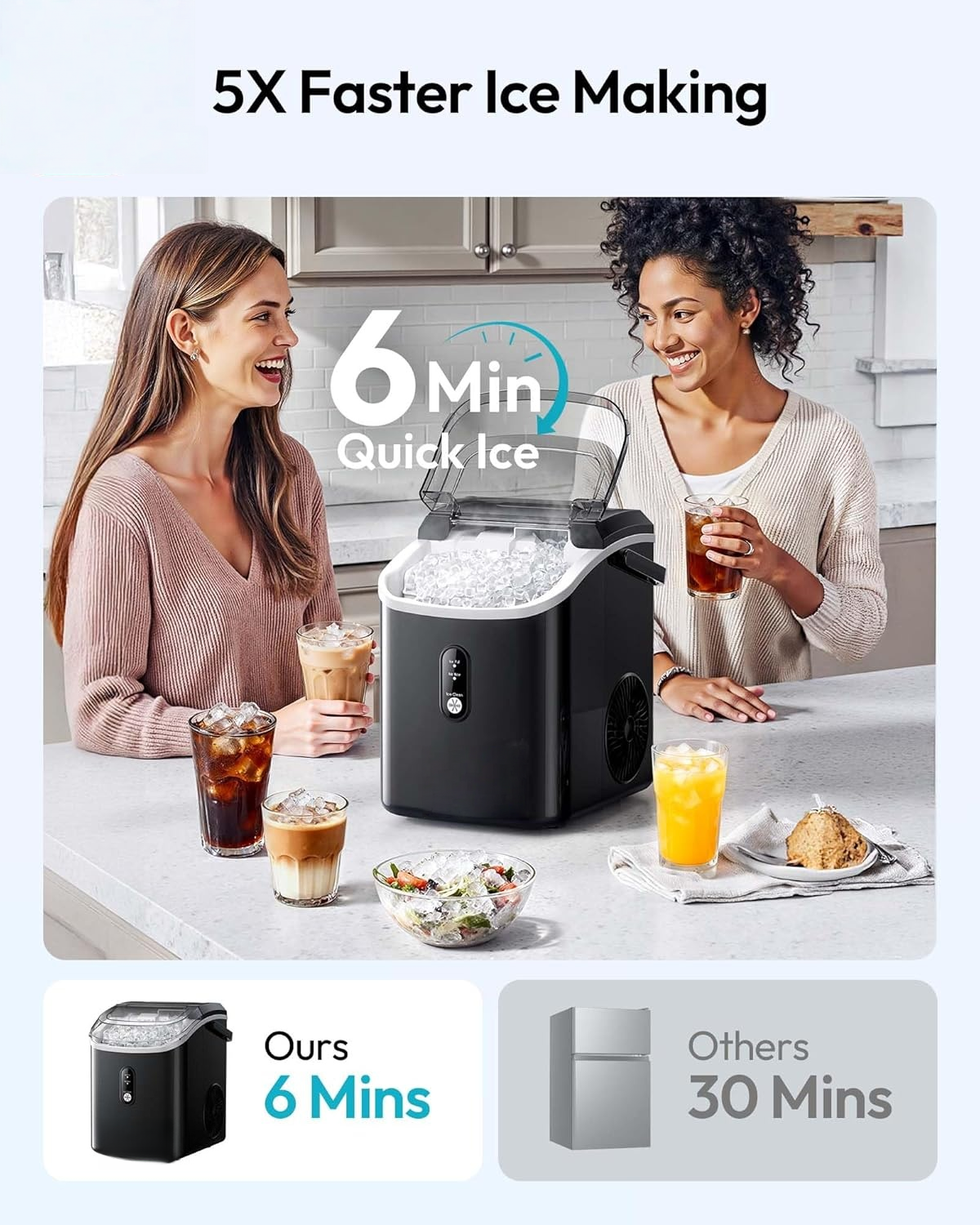 Black Countertop Nugget Ice Maker with Carry Handle, Ready in 6 Mins, 34lbs Per Day, Removable Top Cover & Self‑Cleaning, Portable Sonic Ice Maker with Basket and Scoop for Home Party RV Camping