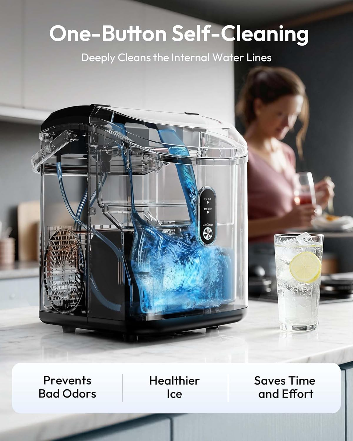 Black Countertop Nugget Ice Maker with Carry Handle, Ready in 6 Mins, 34lbs Per Day, Removable Top Cover & Self‑Cleaning, Portable Sonic Ice Maker with Basket and Scoop for Home Party RV Camping