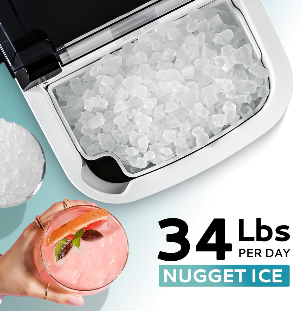 Countertop Nugget Ice Maker with Carry Handle, Ready in 6 Mins, 34lbs Per Day, Removable Top Cover & Auto‑Cleaning, Portable Sonic Ice Maker with Basket and Scoop for Home Party RV Camping