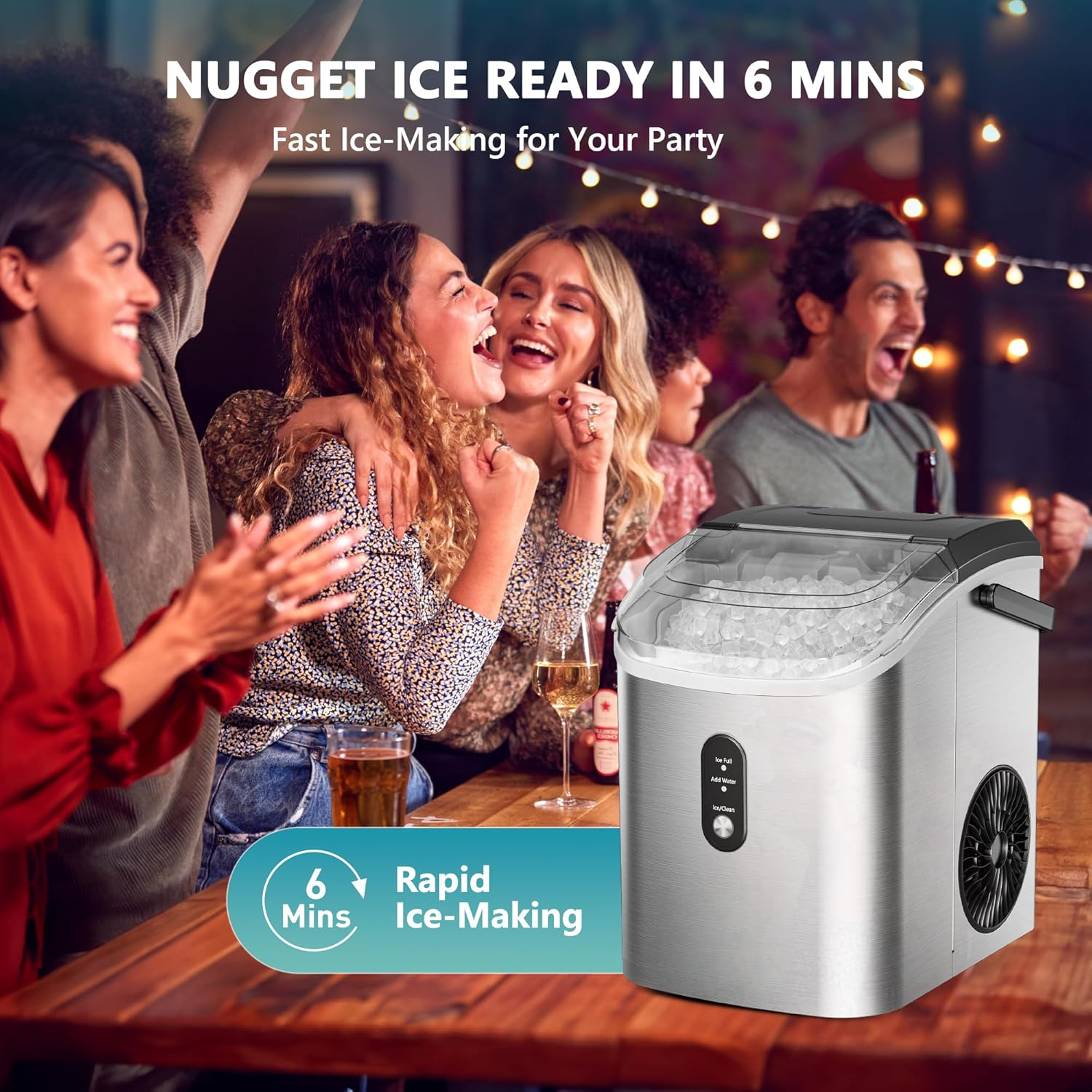 Countertop Nugget Ice Maker with Carry Handle, Ready in 6 Mins, 34lbs Per Day, Removable Top Cover & Auto‑Cleaning, Portable Sonic Ice Maker with Basket and Scoop for Home Party RV Camping