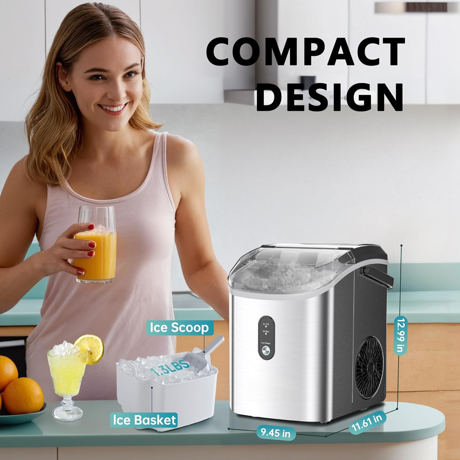 Countertop Nugget Ice Maker with Carry Handle, Ready in 6 Mins, 34lbs Per Day, Removable Top Cover & Auto‑Cleaning, Portable Sonic Ice Maker with Basket and Scoop for Home Party RV Camping