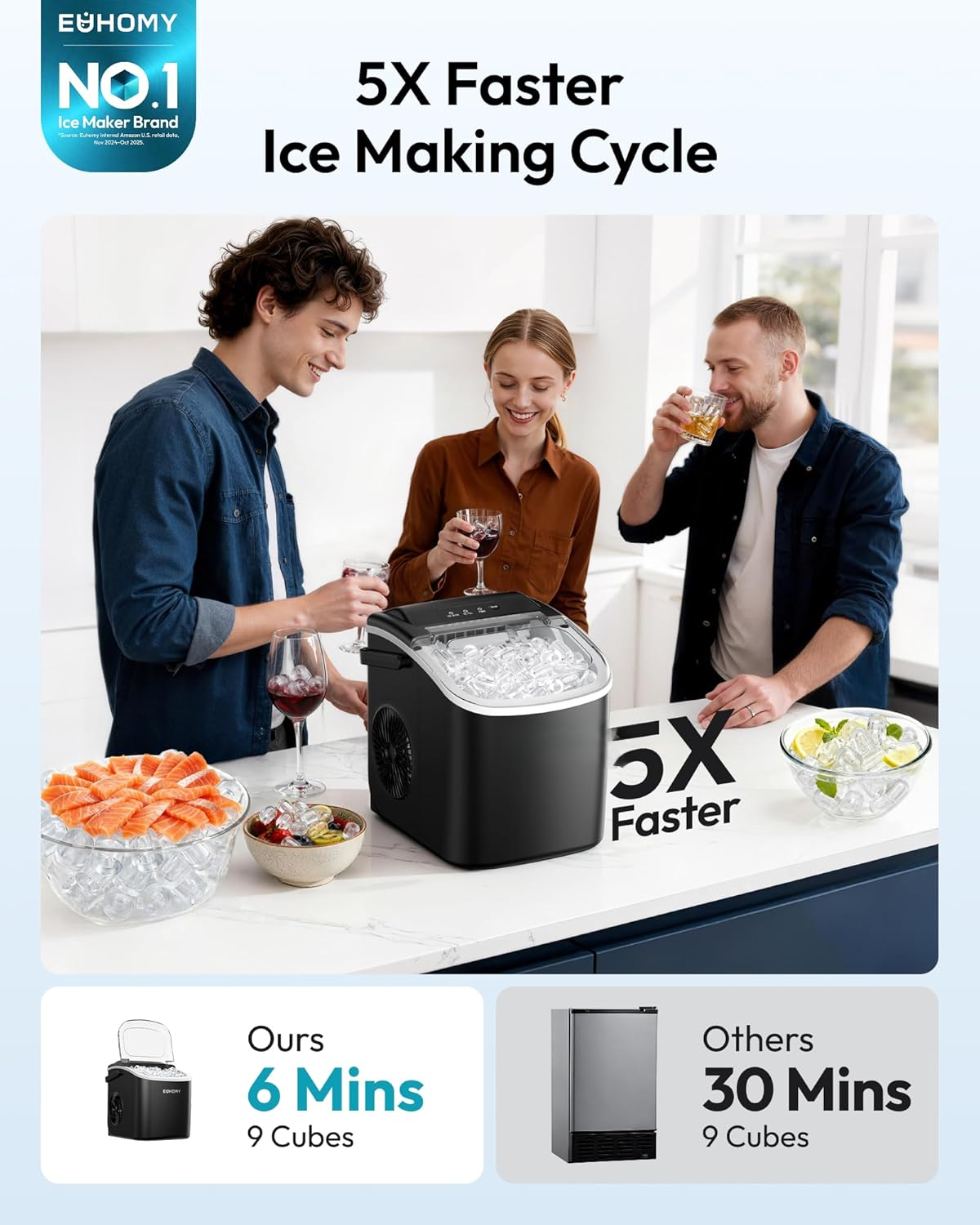 Black Countertop Ice Maker Machine with Carry Handle, 26lbs/24Hrs Production, 9 Ice Cubes Ready in 6 Mins, Auto‑Cleaning Portable Ice Maker with Basket and Scoop for Home Kitchen Camping RV