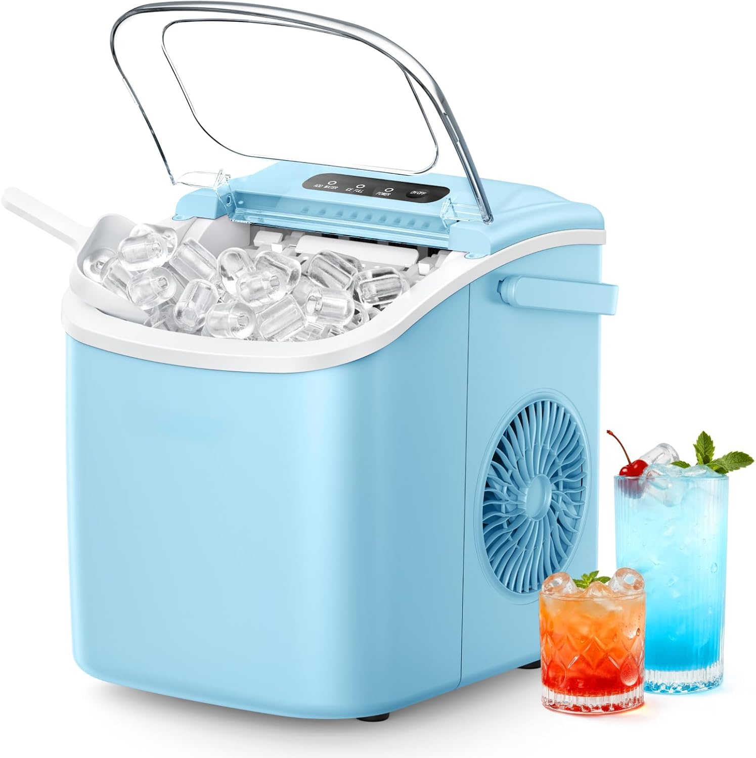 Countertop Ice Maker Machine with Carry Handle, 26lbs/24Hrs Production, 9 Ice Cubes Ready in 6 Mins, Auto‑Cleaning Portable Ice Maker with Basket and Scoop for Home Kitchen Camping RV