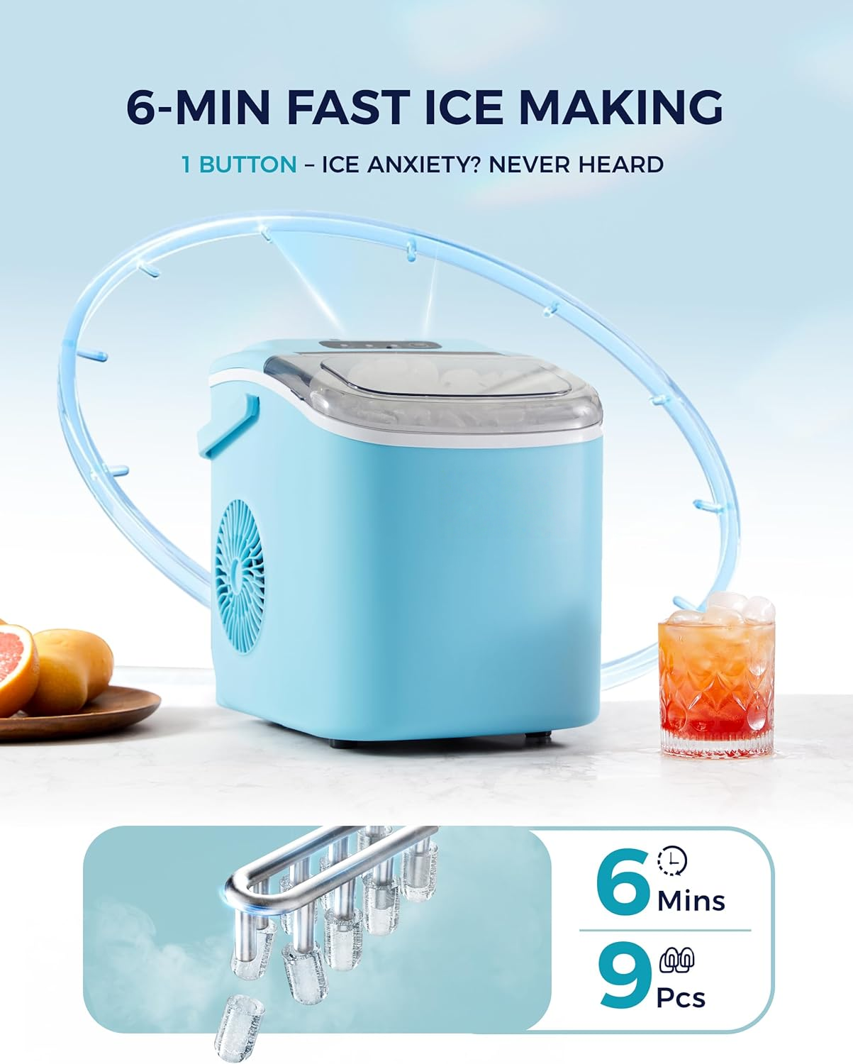 Countertop Ice Maker Machine with Carry Handle, 26lbs/24Hrs Production, 9 Ice Cubes Ready in 6 Mins, Auto‑Cleaning Portable Ice Maker with Basket and Scoop for Home Kitchen Camping RV