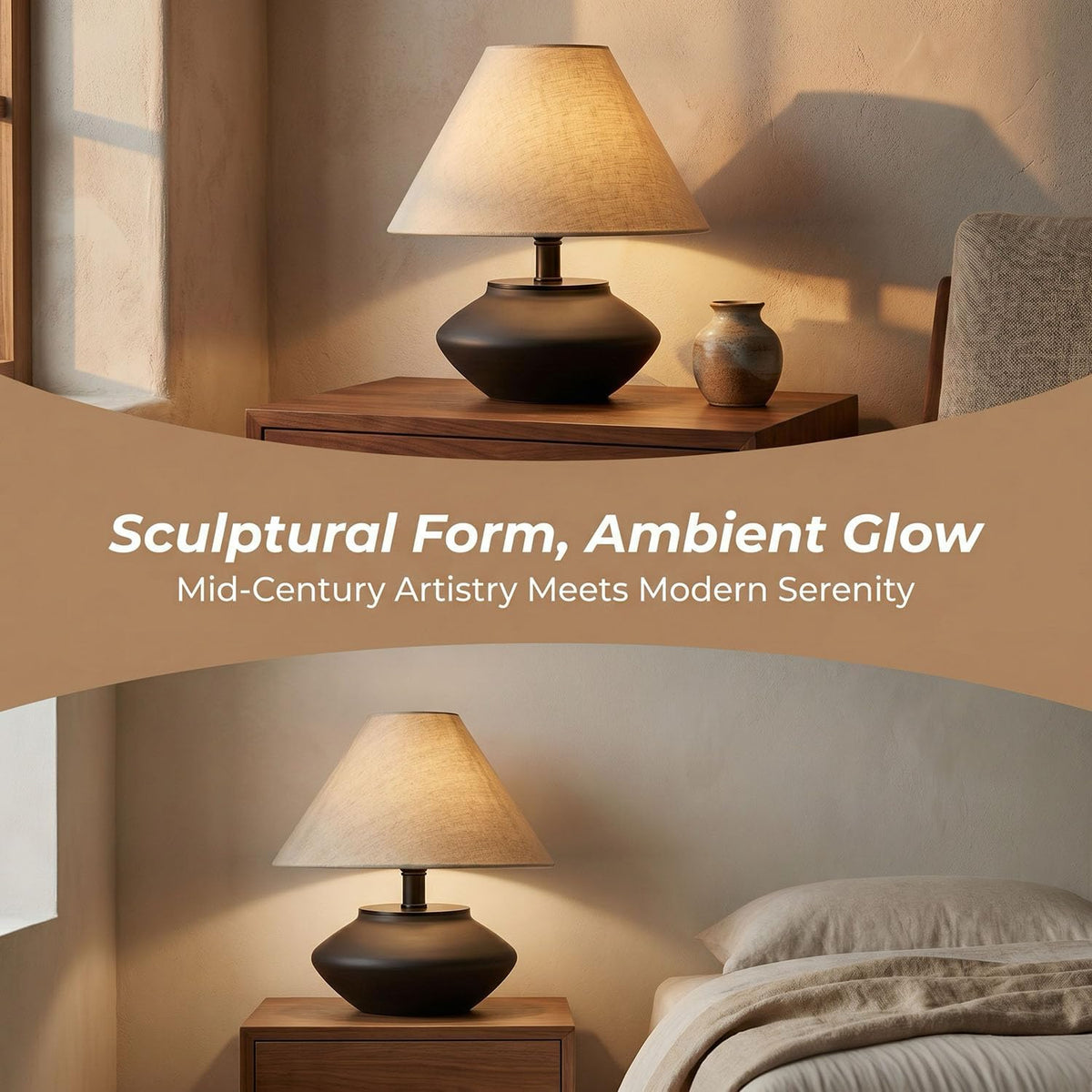 Luminiq Farmhouse Ceramic Table Lamp – Black Base, Linen Shade