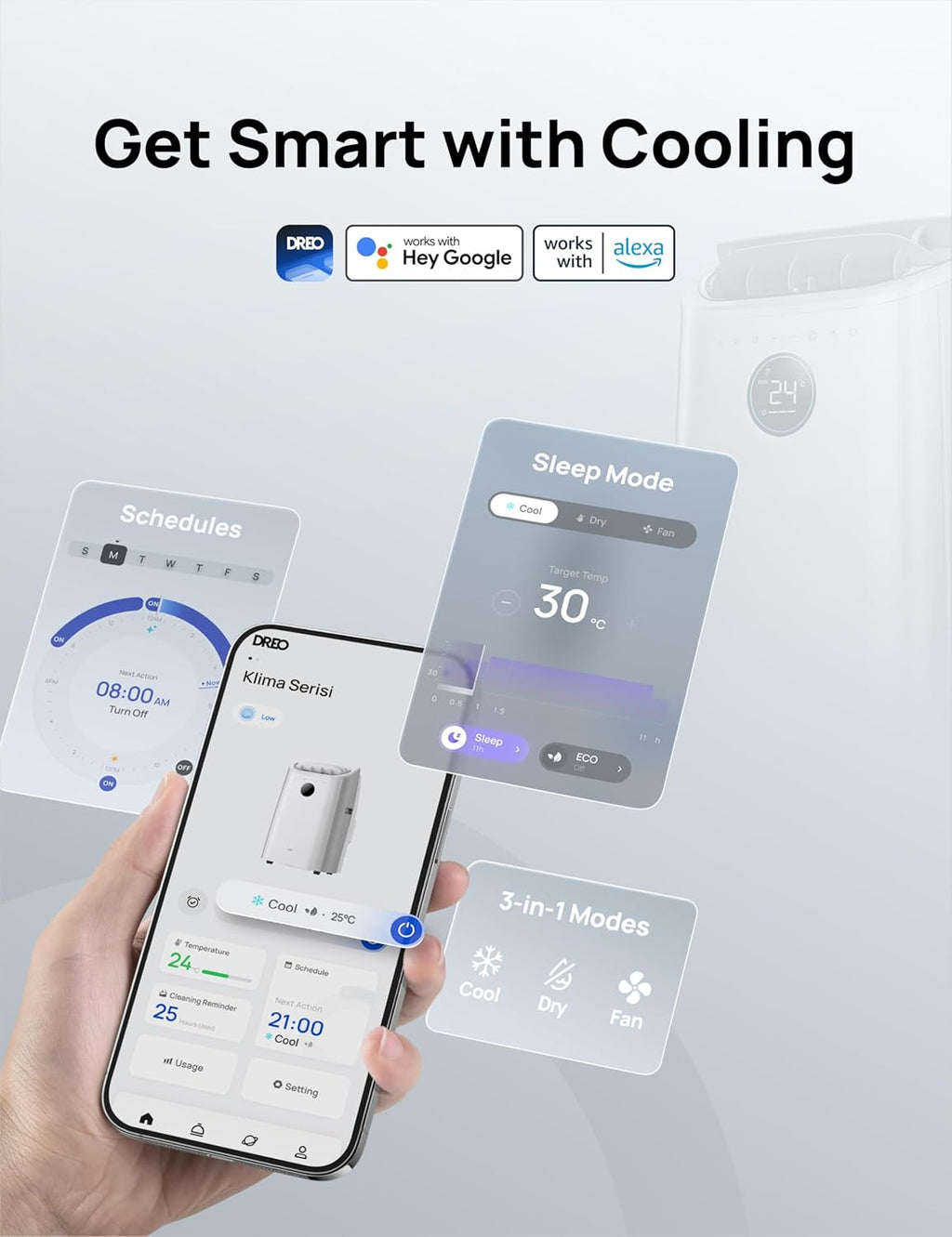 12,000 BTU Smart 3-in-1 Portable Air Conditioner — Drainage-Free, App & Voice Control, 24hr Timer, Cooling, Fan & Dehumidifier