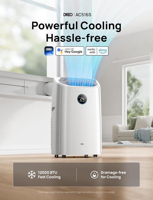 12,000 BTU Smart 3-in-1 Portable Air Conditioner — Drainage-Free, App & Voice Control, 24hr Timer, Cooling, Fan & Dehumidifier