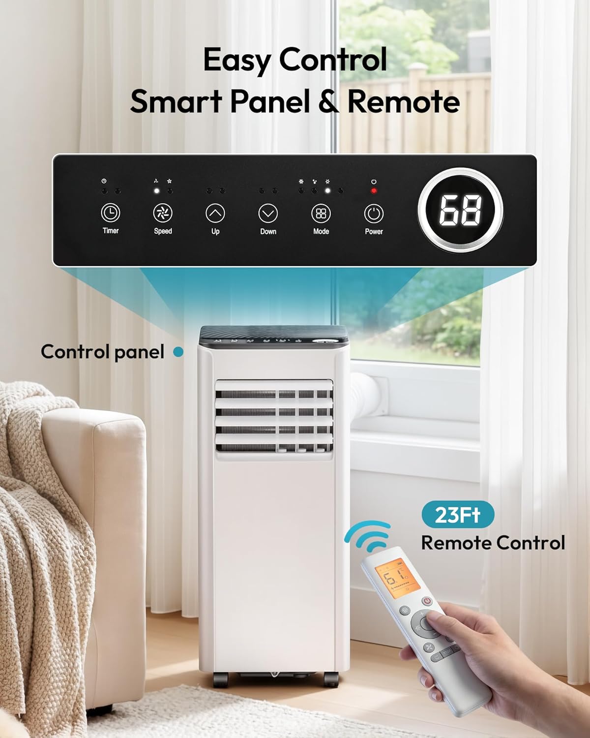 9,000 BTU 4-in-1 Portable Air Conditioner — Cooling, Dehumidifier, Fan & Sleep Mode, 20m² Coverage, Digital Display, 24hr Timer, Window Kit