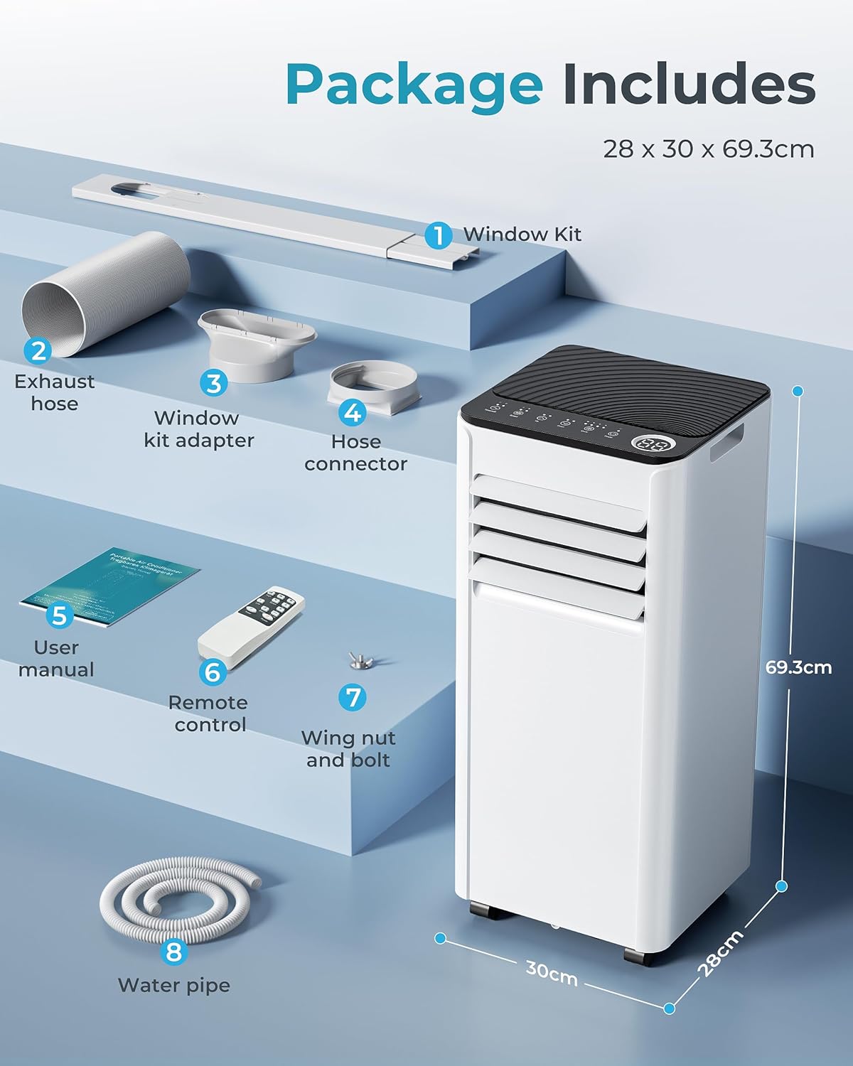 9,000 BTU 4-in-1 Portable Air Conditioner — Cooling, Dehumidifier, Fan & Sleep Mode, 20m² Coverage, Digital Display, 24hr Timer, Window Kit