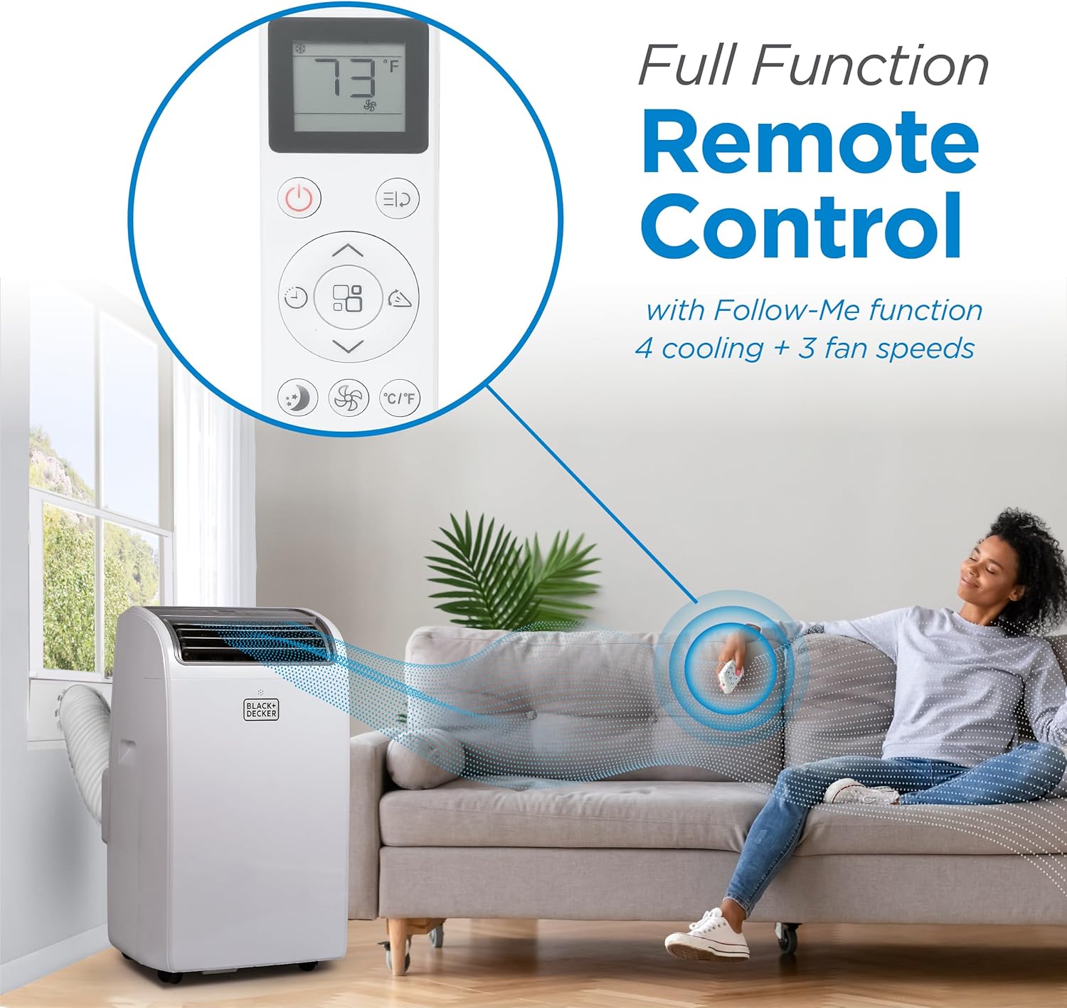 14,000 BTU Smart 3-in-1 Portable Air Conditioner — Cooling, Fan & Dehumidifier, Follow-Me Remote, 24hr Timer, Window Kit Included