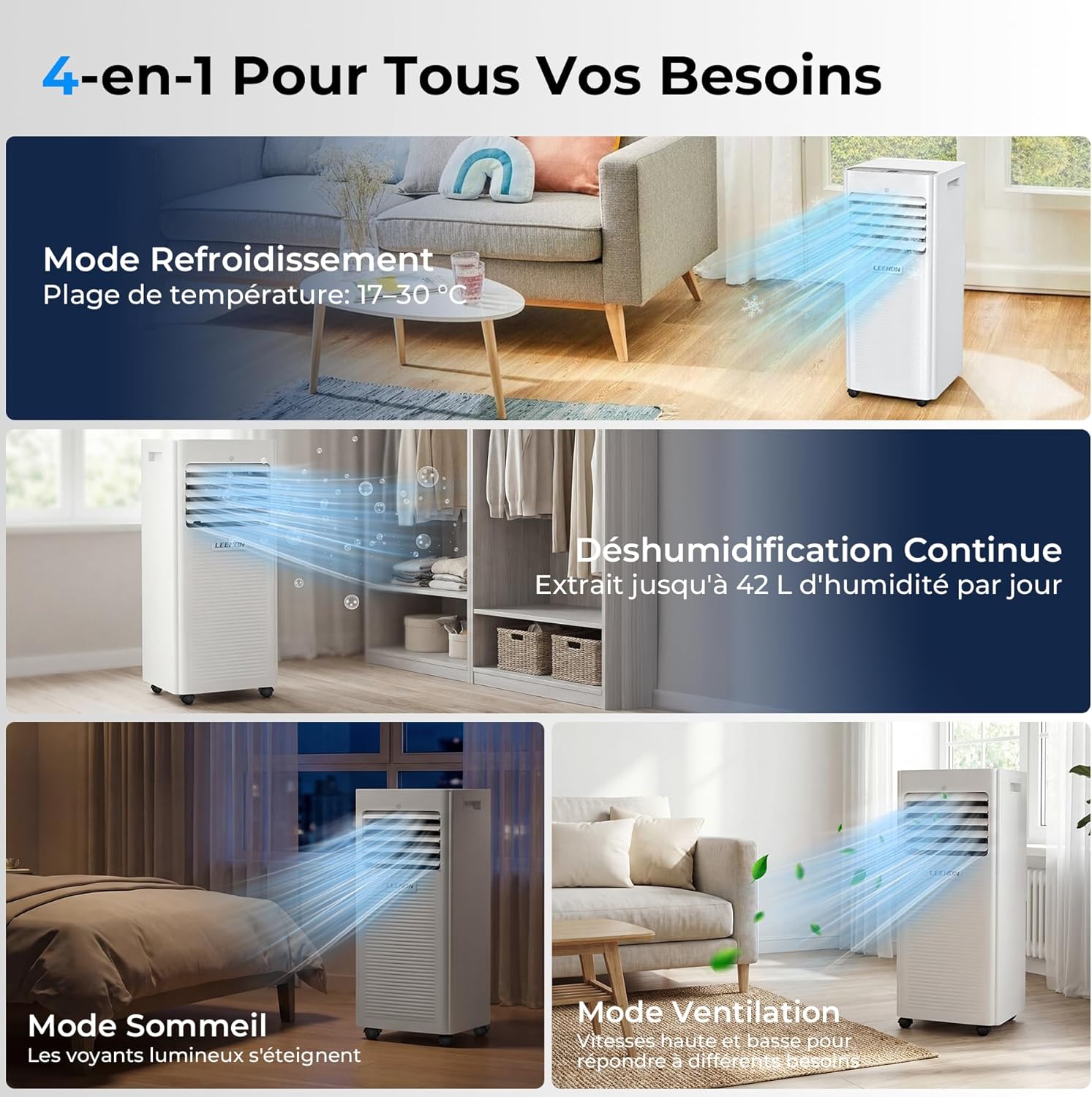 9,000 BTU 4-in-1 Portable Air Conditioner — Cooling, Dehumidifier, Fan & Sleep Mode, Class A, 24hr Timer, Remote Control