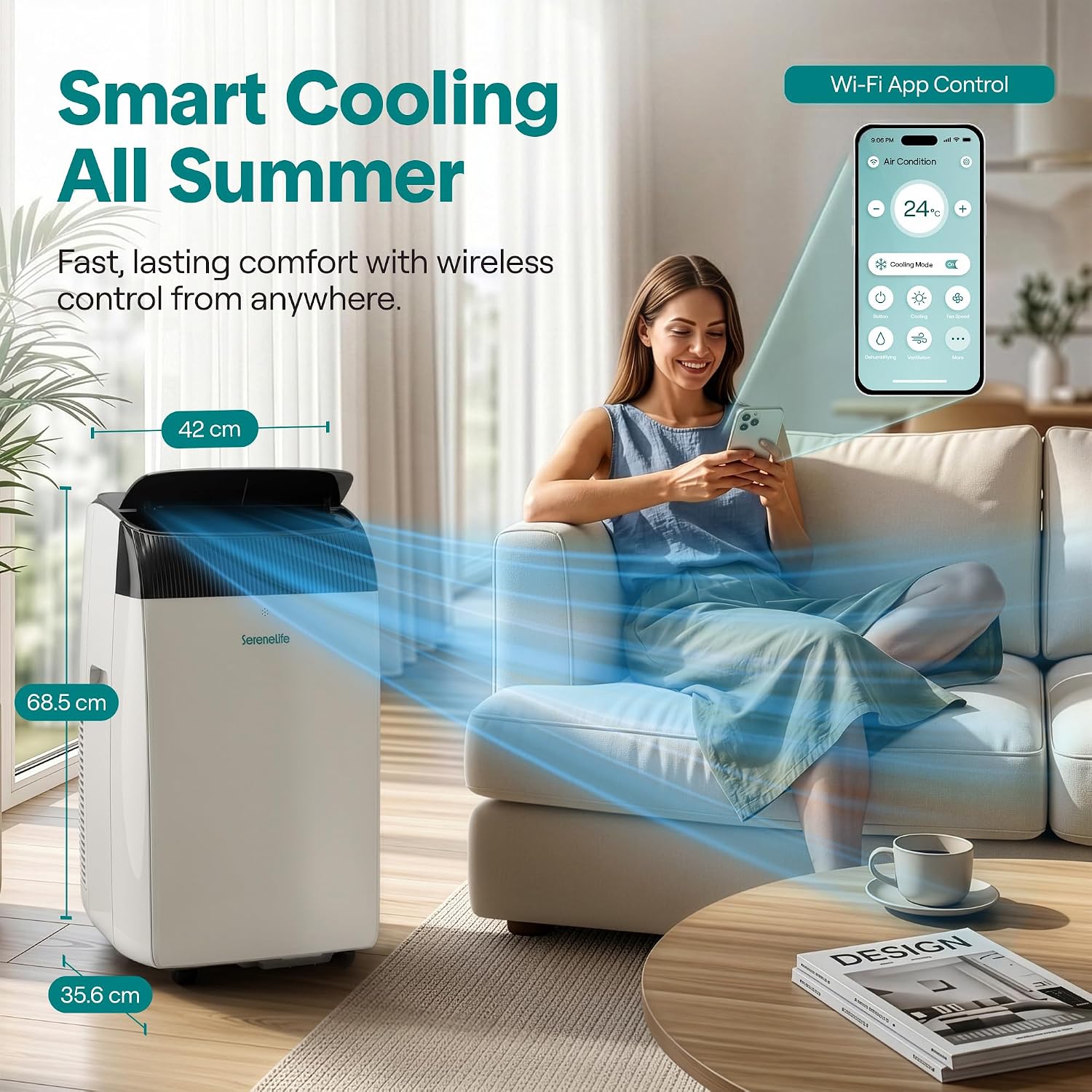 12,000 BTU Smart 3-in-1 Portable Air Conditioner with WiFi — Cooling, Fan & Dehumidifier, Self-Evaporating, Sleep Mode, 24hr Timer, Remote Control