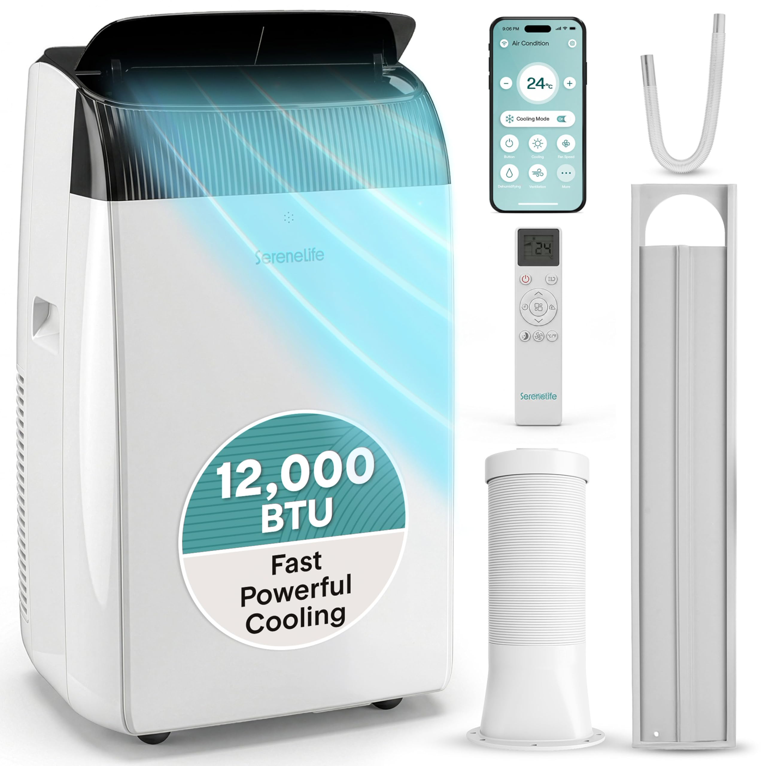 12,000 BTU Smart 3-in-1 Portable Air Conditioner with WiFi — Cooling, Fan & Dehumidifier, Self-Evaporating, Sleep Mode, 24hr Timer, Remote Control