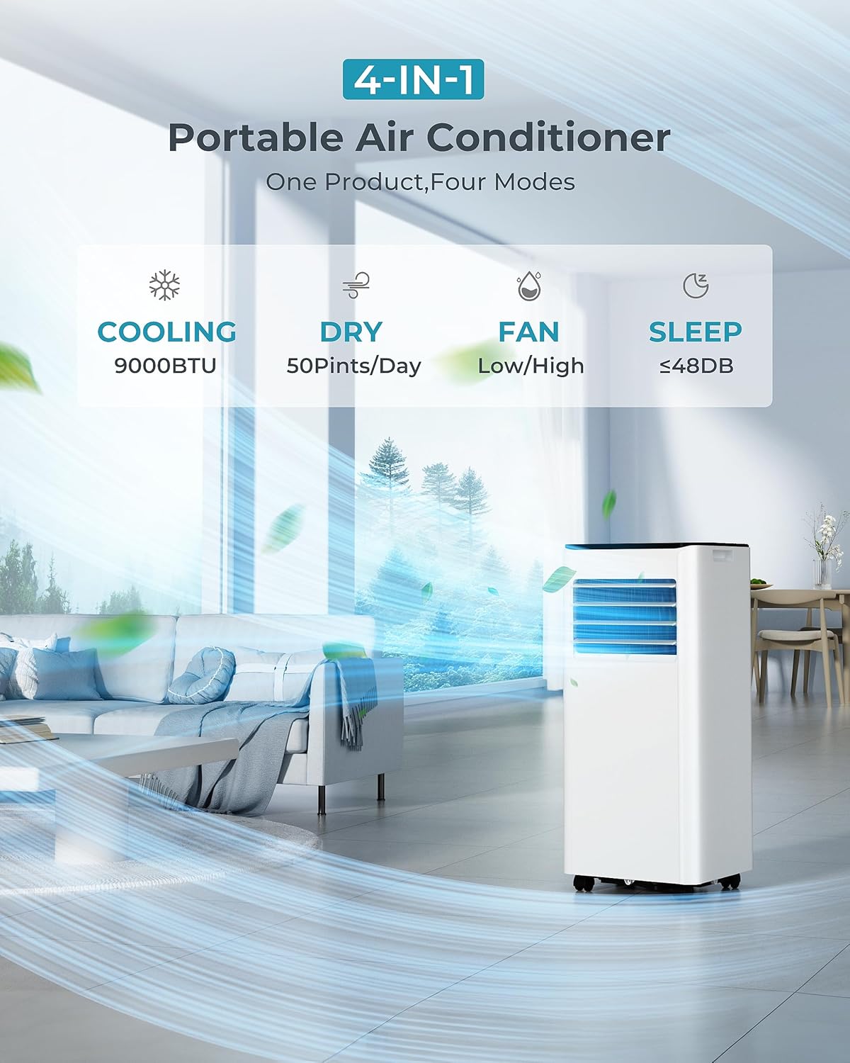 9,000 BTU 4-in-1 Portable Air Conditioner — Cooling, Dehumidifier, Fan & Sleep Mode, 20m² Coverage, Digital Display, 24hr Timer, Window Kit
