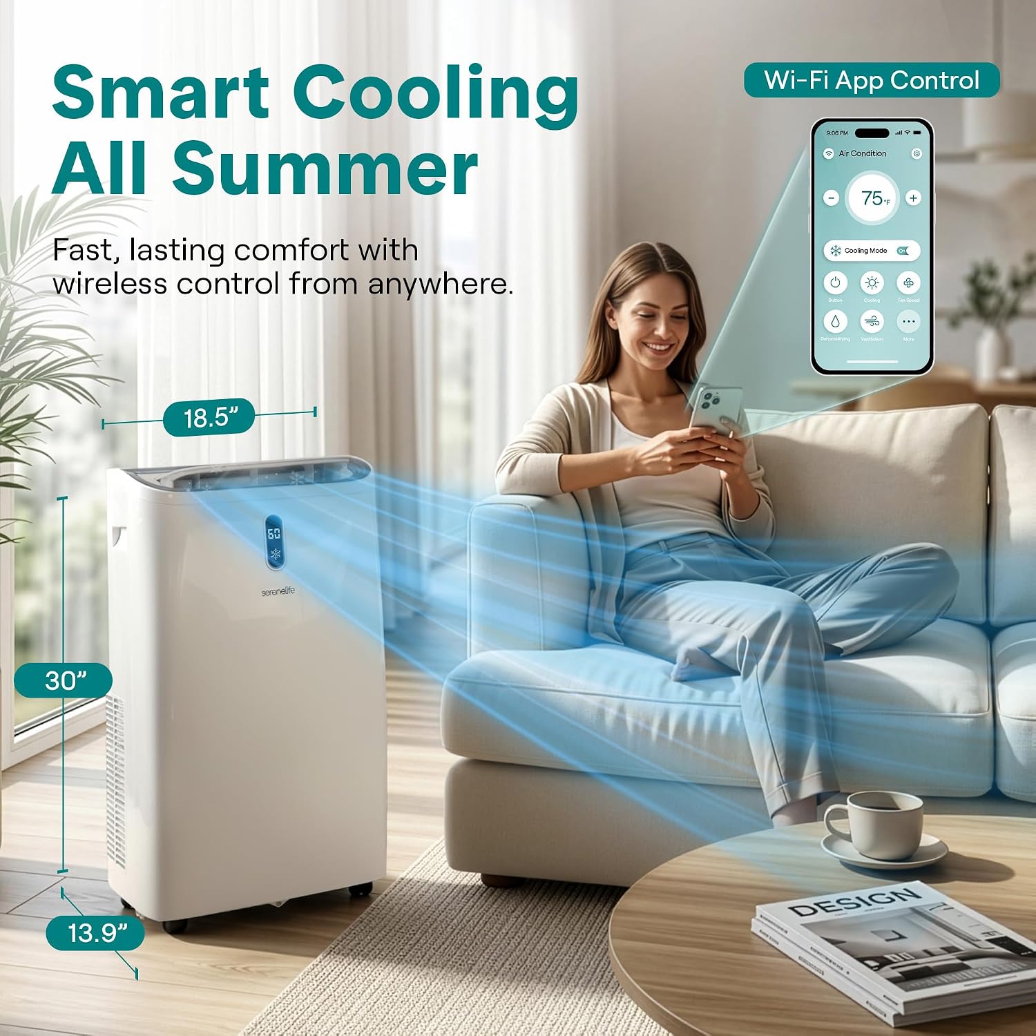 12,000 BTU 3-in-1 Smart Portable Air Conditioner with WiFi — Cooling, Fan & Dehumidifier, 24hr Timer, Remote Control, Window Kit