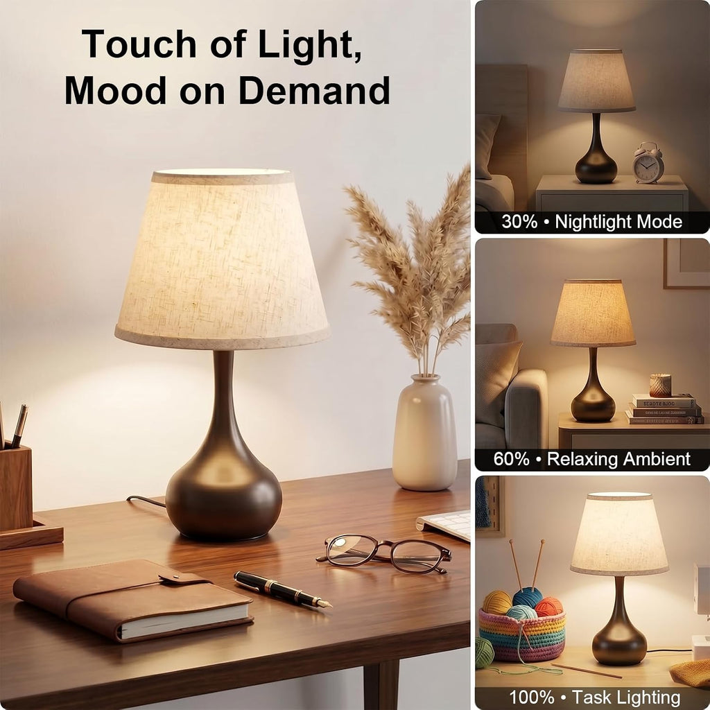 Luminiq Touch Bedside Table Lamp – 3-Way Dimmable with Fabric Shade